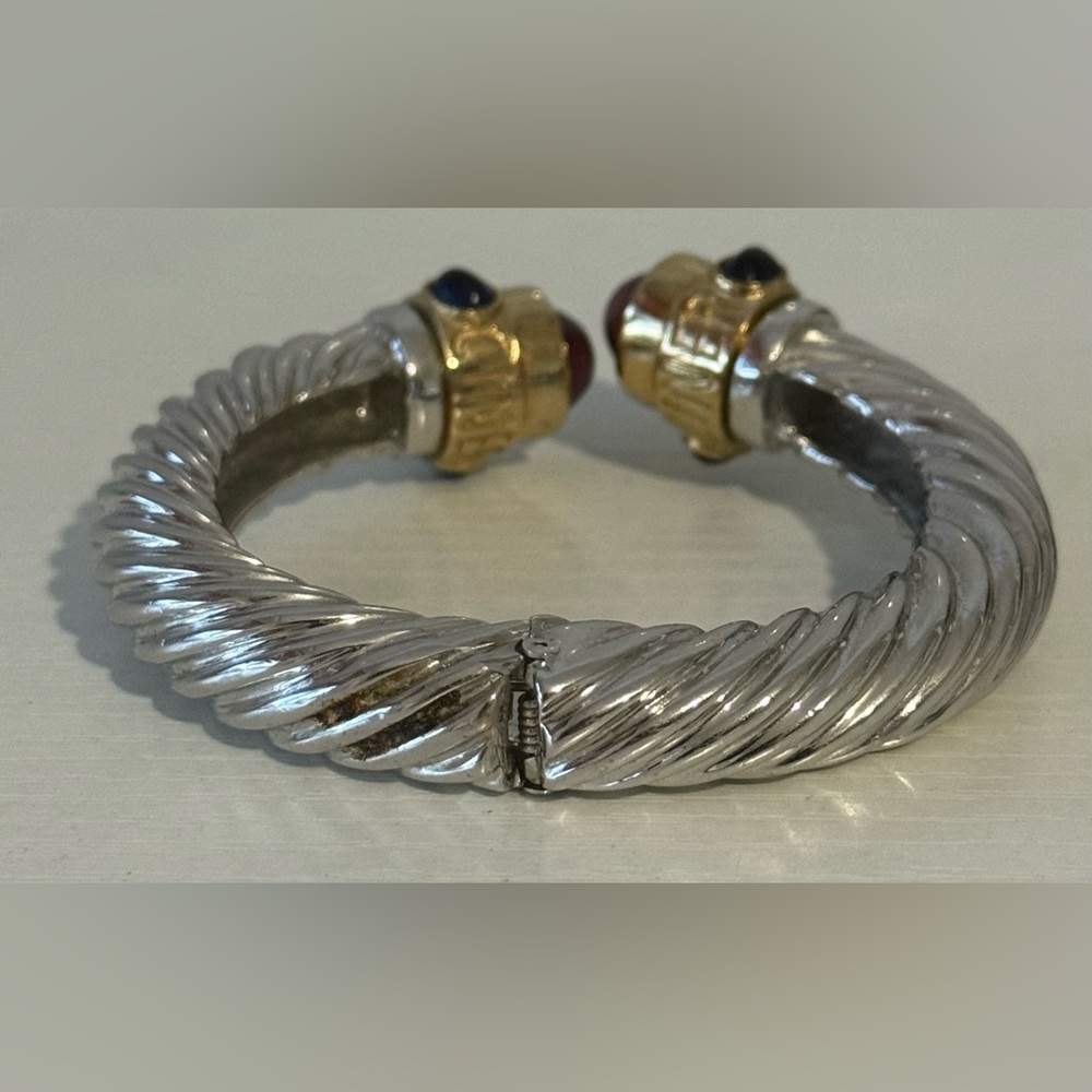 Ciner Vintage Two-Tone Silver and Gold Cuff Bracelet with Red and Blue Cabochons - Picture 2 of 4